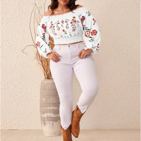 Boho Plus Size Off Shoulder Floral Print Smocked Cropped Top Shirt Blouse White - Picture 4 of 6